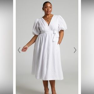 AMALIE THE LABEL - SIZE US 12 - FRANC LINEN PUFF SLEEVE WRAP MIDI DRESS IN WHITE